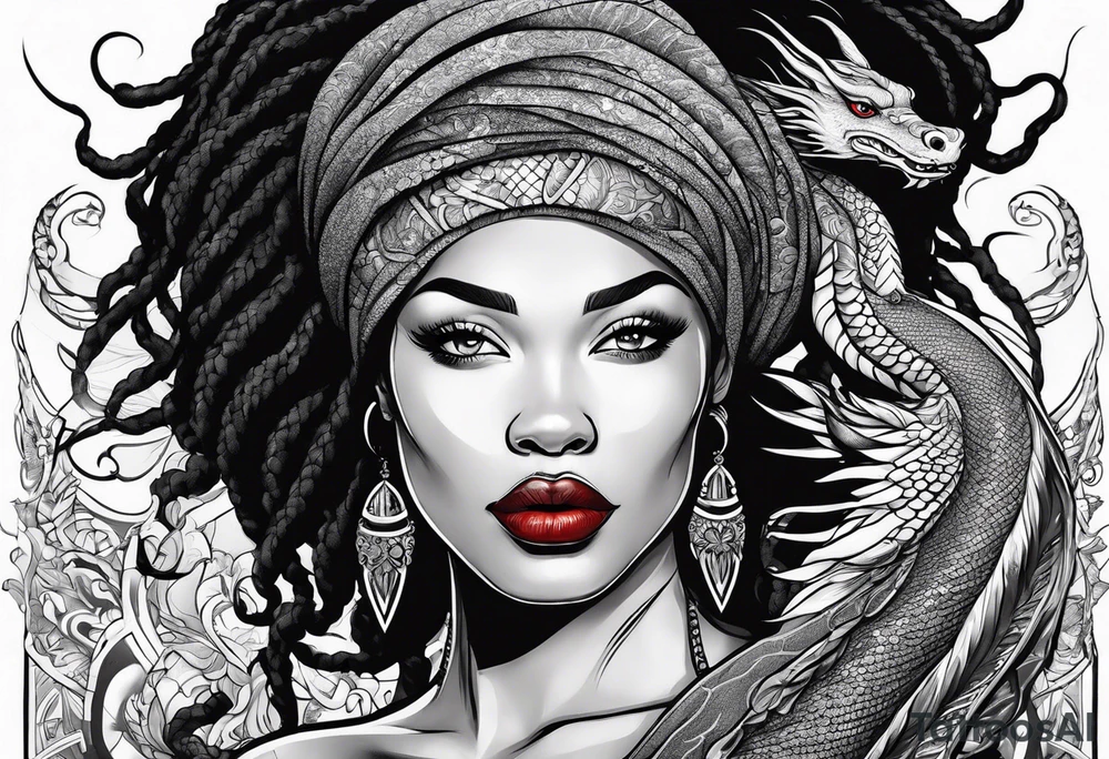 Woman with locs and red dragon in background tattoo idea