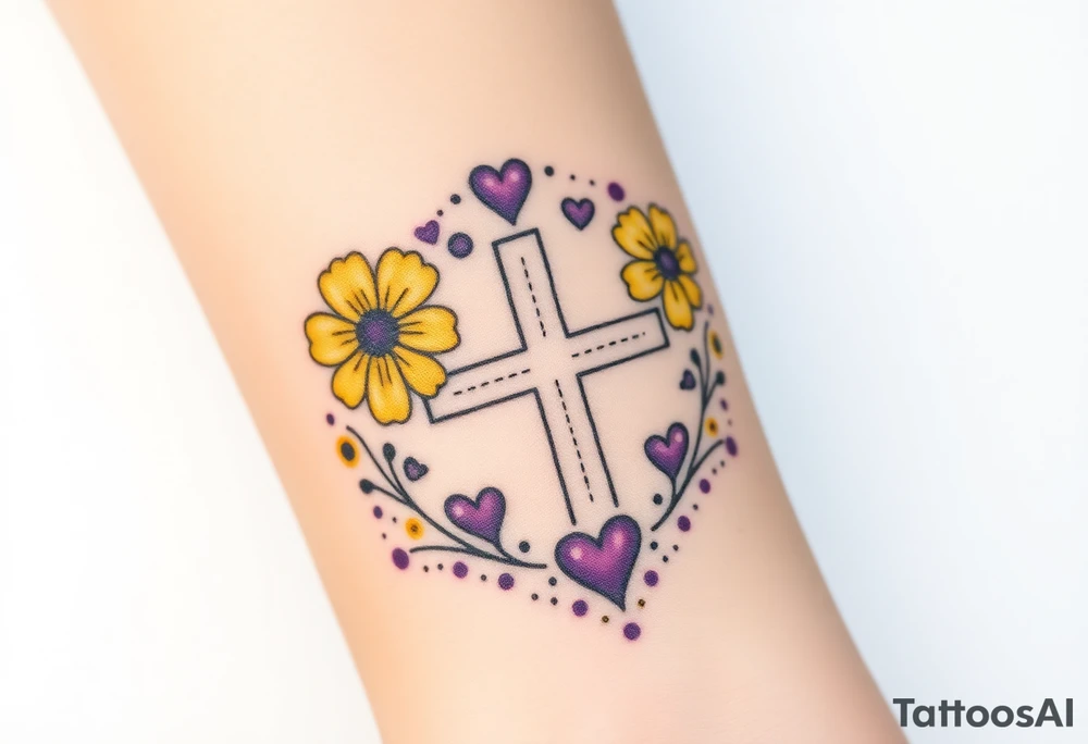 Yellow daisy Purple Hearts around a cross tattoo idea