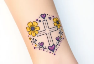 Yellow daisy Purple Hearts around a cross tattoo idea