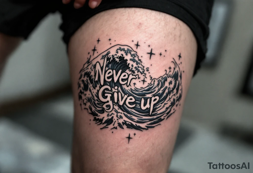 "Never give up" flowing through the waves of a black and navy blue ocean scene. tattoo idea