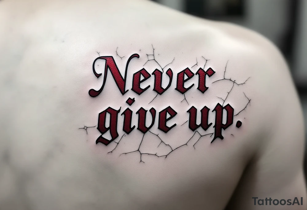 “Never give up” in crimson block letters, cracked like stone with hints of golden resilience lines. tattoo idea