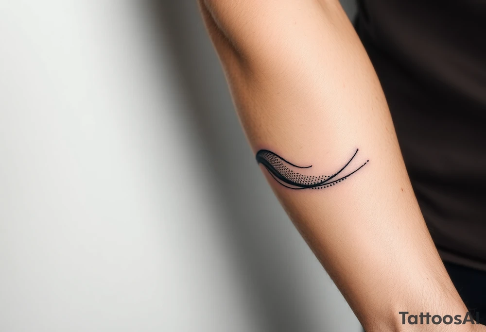 Bold abstract line tattoo for a male, inner forearm wrapping around the elbow, sharper wave forms, confident flowing black lines with controlled dotwork, strong contrast, modern masculine style, black ink only, no softness, tattoo-ready. tattoo idea