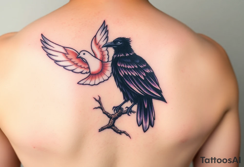 A pure white dove, soaring with soft golden light in its wings, is sharply contrasted with a black raven, its feathers shimmering in deep purples and blacks, perched ominously on a gnarled branch, symbolizing the tension between peace and darkness. tattoo idea