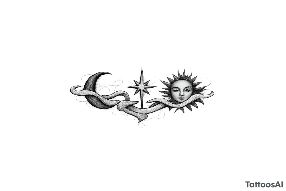 Moon, Sun, and Rising Star in the same red stencil aesthetic, with the smoke weaving through and overlapping each celestial symbol so they feel like a cohesive set for sternum placement. The Rising Star specifically incorporates the same flowing ribbon effect you liked in the Moon and Sun references. tattoo idea