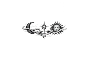 Moon, Sun, and Rising Star in the same red stencil aesthetic, with the smoke weaving through and overlapping each celestial symbol so they feel like a cohesive set for sternum placement. The Rising Star specifically incorporates the same flowing ribbon effect you liked in the Moon and Sun references. tattoo idea