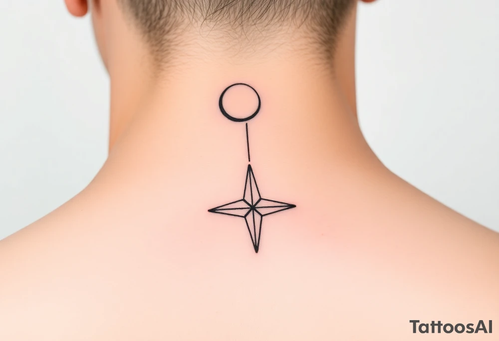 A minimalist crescent moon neck tattoo with a sleek, modern design. The crescent moon is positioned at the top, curving to the left, with a thin, clean line. Below the moon, there is a vertical line intersected by a sharp, star-like shape with four points. The star shape has elongated top and bottom points, giving it a clean, symmetrical look. The tattoo is placed behind the ear, following the natural curve of the neck. The lines are crisp and delicate, creating a stylish, celestial vibe." tattoo idea