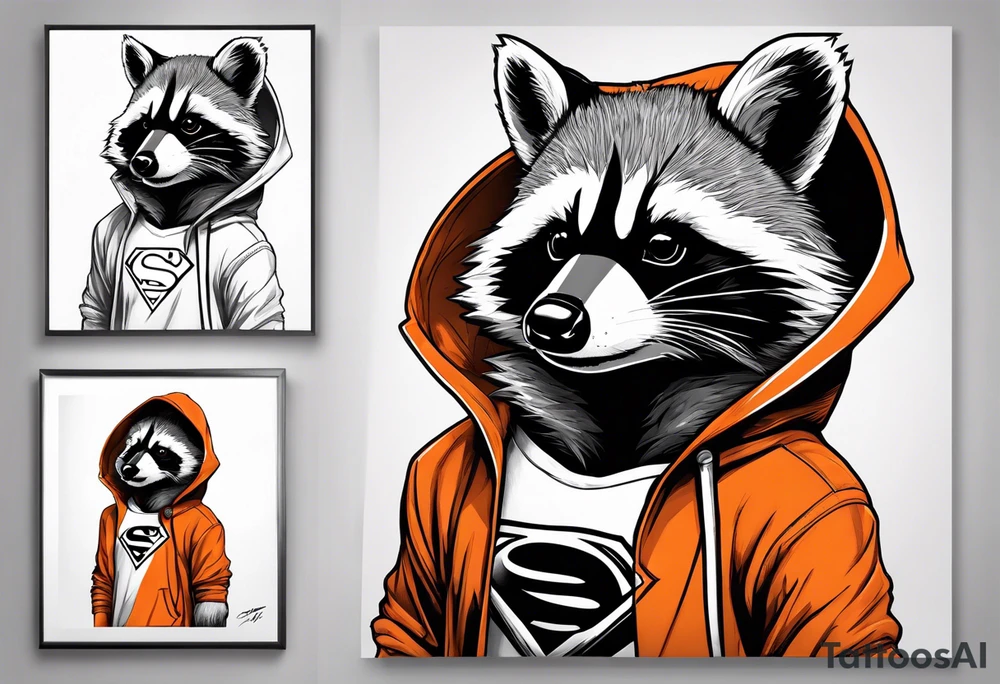 Raccoon wearing an orange Superman hoodie tattoo idea