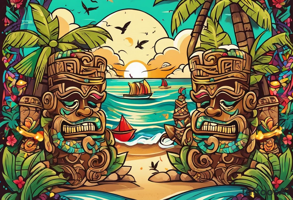 hulu tiki party with dancing tiki guys and sexy tiki girls on a beach with music notes and confetti around a blank space in the middle tattoo idea