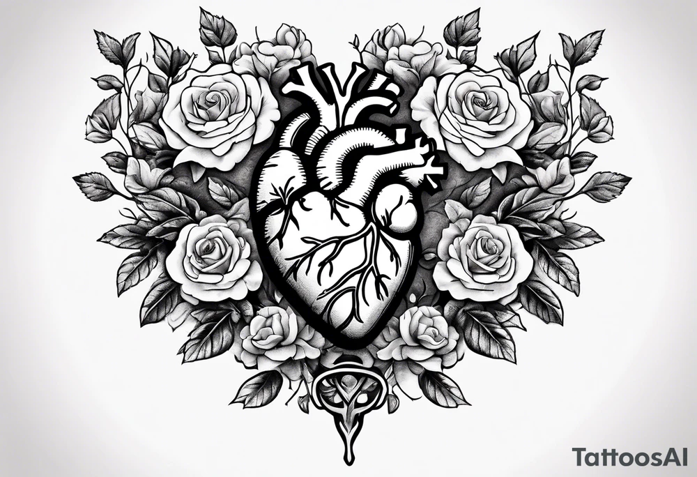 Anatomical heart with roses, violets, and daises coming out of the top of the head vessels with roots coming through the cracks to hold the heart together tattoo idea