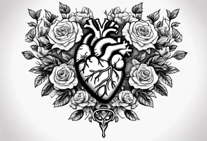 Anatomical heart with roses, violets, and daises coming out of the top of the head vessels with roots coming through the cracks to hold the heart together tattoo idea