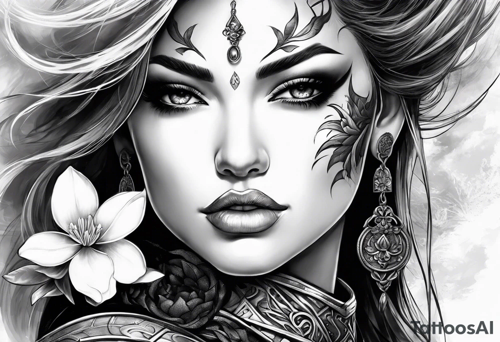 female warrior face with magnolias tattoo idea
