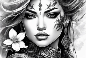 female warrior face with magnolias tattoo idea