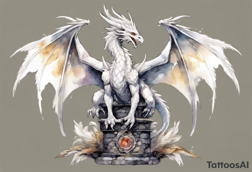 a white feathered bird-like dragon wearing a plain iron diadem, standing on a stone throne tattoo idea
