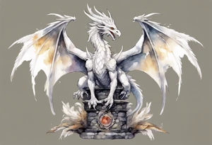a white feathered bird-like dragon wearing a plain iron diadem, standing on a stone throne tattoo idea