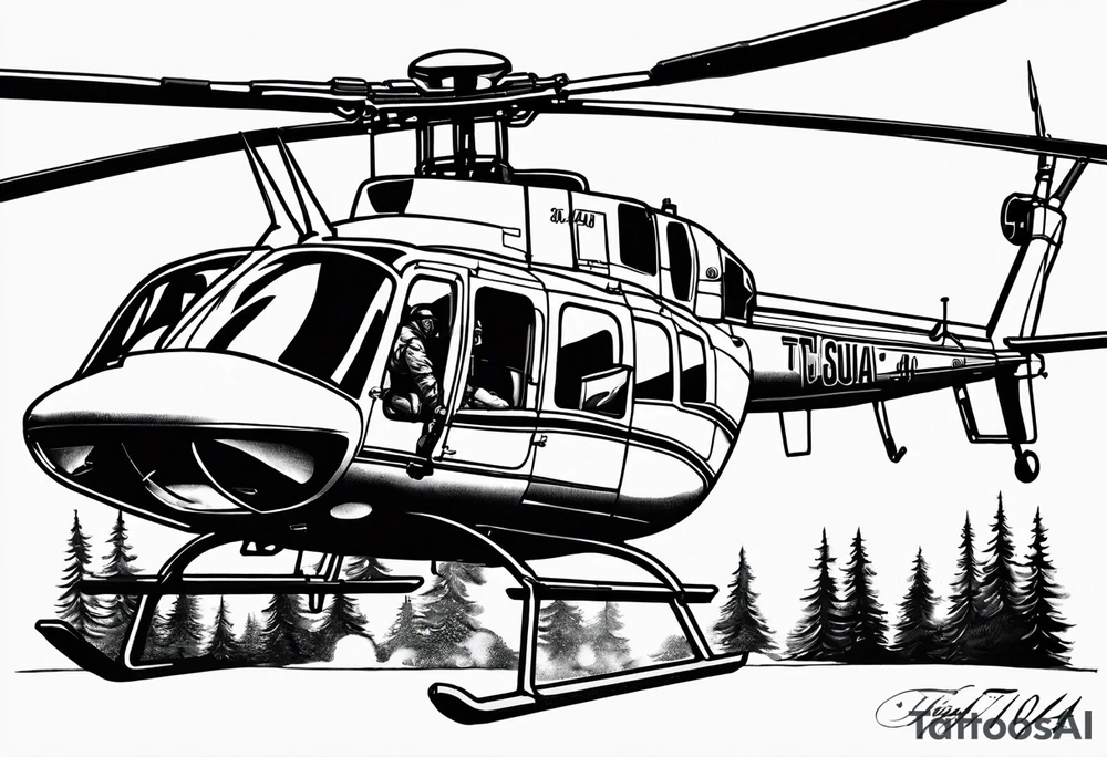 a bell 407 helicopter with the name "T. Sousa" on it, fighting a fire, with the pilot wearing night vision goggles. tattoo idea
