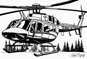 a bell 407 helicopter with the name "T. Sousa" on it, fighting a fire, with the pilot wearing night vision goggles. tattoo idea