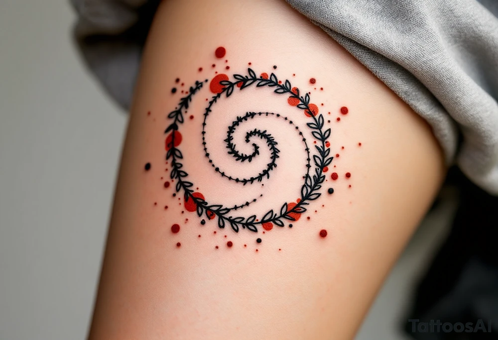A hand-drawn spiral in charcoal gray, surrounded by faint dots in rusty red. tattoo idea