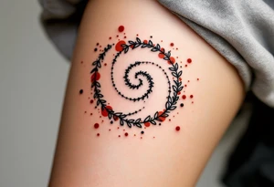 A hand-drawn spiral in charcoal gray, surrounded by faint dots in rusty red. tattoo idea