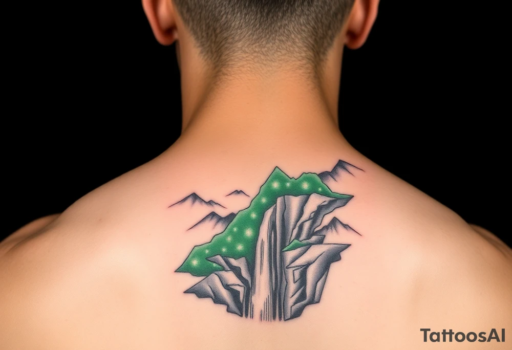 သား  surrounded by a colorful green mountainside with a waterfall tattoo idea