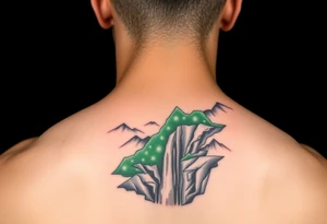 သား  surrounded by a colorful green mountainside with a waterfall tattoo idea