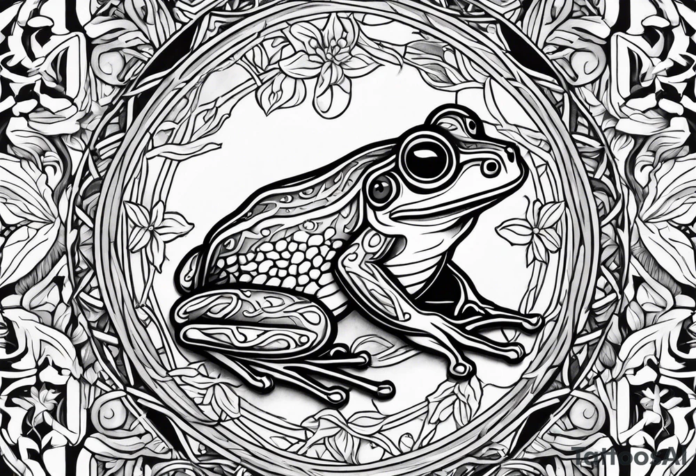 Fine line honeysuckle vine wrapped around forearm in color. Incorporate a small tree frog tattoo idea