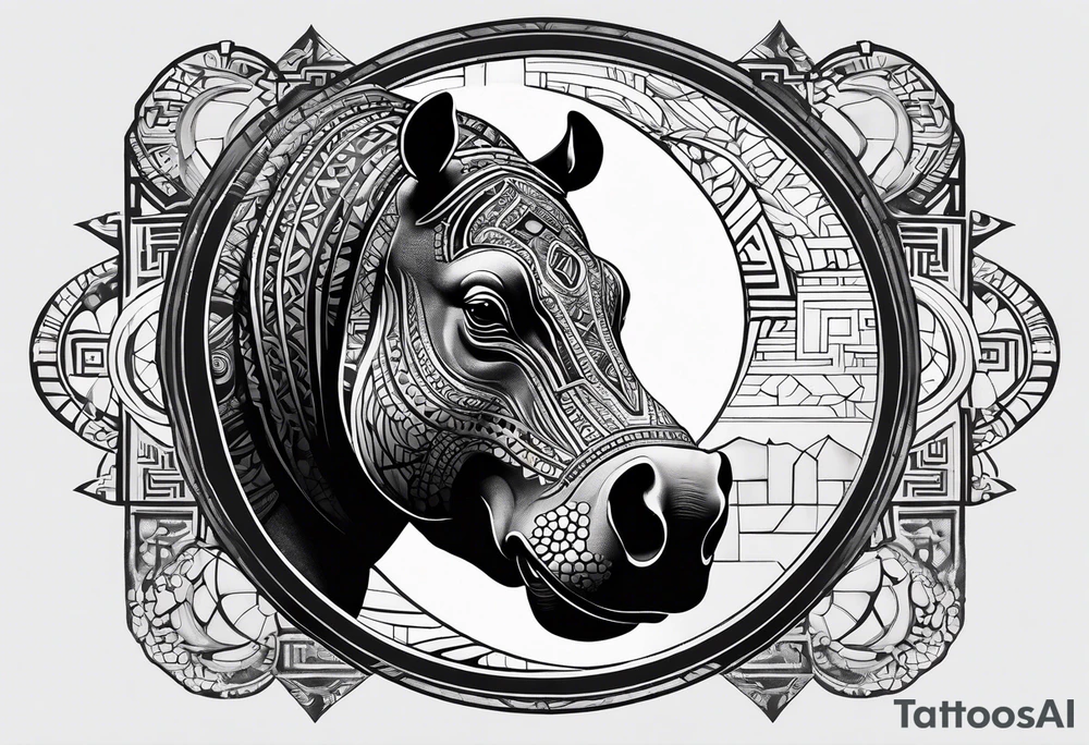 Asymmetrical, geometric, chinese ink art touch, hippo , full moon, tribal, orientation portrait tattoo idea