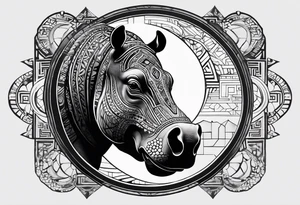 Asymmetrical, geometric, chinese ink art touch, hippo , full moon, tribal, orientation portrait tattoo idea