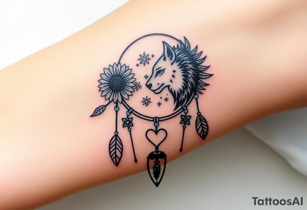 A Cresent moon dream catcher with sunflower, wolf, Harry potter, star wars, unicorn, fire heart all in one tattoo idea