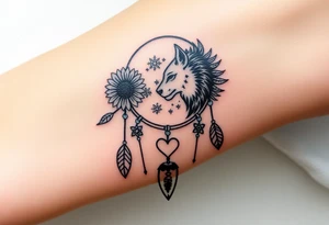 A Cresent moon dream catcher with sunflower, wolf, Harry potter, star wars, unicorn, fire heart all in one tattoo idea