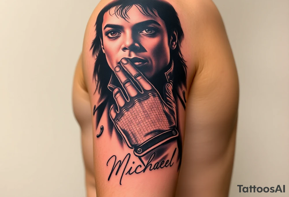The ultimate realism tattoo sleeve design for an upper arm, celebrating Michael Jackson's entire career. A vertical masterpiece collage: Top features his hyper-realistic eyes from the Dangerous album peering through stage smoke. Middle shows a crisp, detailed portrait from the Bad era with high-contrast jacket buckles. Bottom section displays his hand in the sparkling sequin glove holding his fedora hat. The design smoothly fades out into his official autograph written in clean fine-line script at the very bottom. Photorealistic, cinematic lighting, deep blacks, master shading --ar 2:3 tattoo idea
