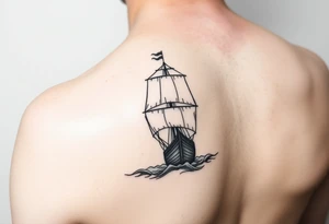 bland and white detailed linework drawing of Spaniard ship sailing for forearm tattoo idea