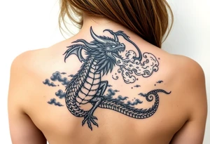 fierce dragon breathing iridescent fire against stormy skies tattoo idea
