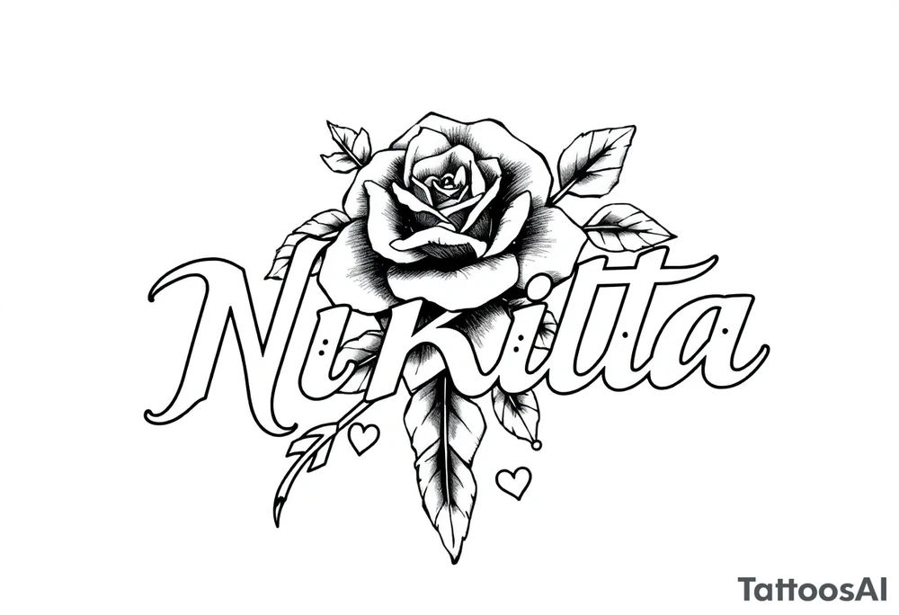 the name NIKITA WITH A ROSE AND SOME HEARTS tattoo idea