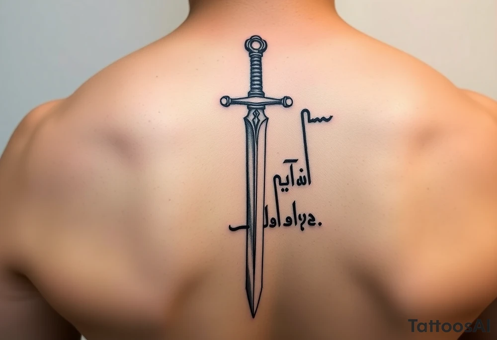 French style sword vertically down spine with arabic calligraphy and gothic style tattoo idea