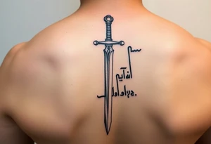 French style sword vertically down spine with arabic calligraphy and gothic style tattoo idea