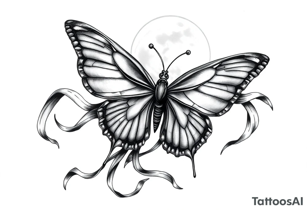 ethereal butterfly with flowing silk ribbons in moonlight tattoo idea