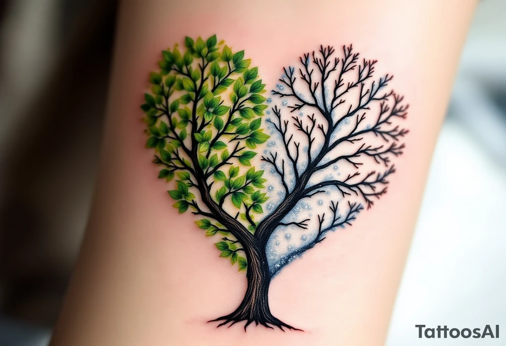 One has half of a heart-shaped tree with bright green leaves, the other with bare branches and snow, forming a full tree of love through seasons. tattoo idea
