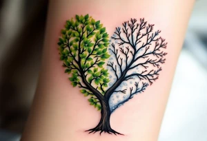 One has half of a heart-shaped tree with bright green leaves, the other with bare branches and snow, forming a full tree of love through seasons. tattoo idea