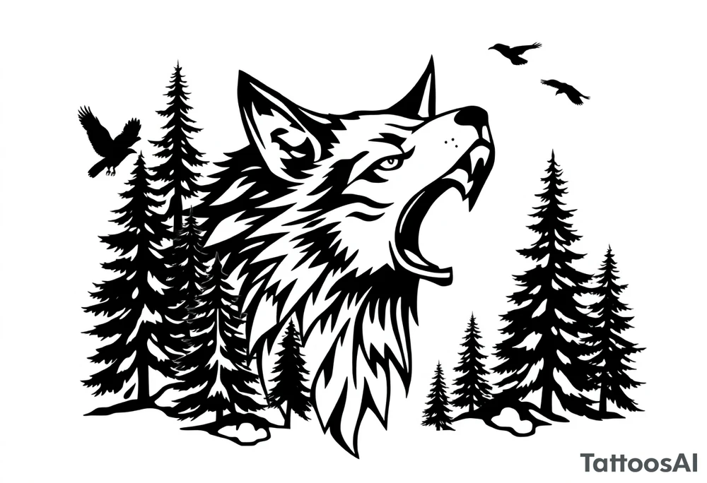 Wolf head surrounded by large pine trees growing from black ground and small ravens flying overhead tattoo idea