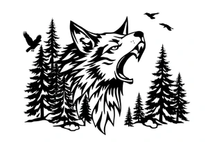 Wolf head surrounded by large pine trees growing from black ground and small ravens flying overhead tattoo idea