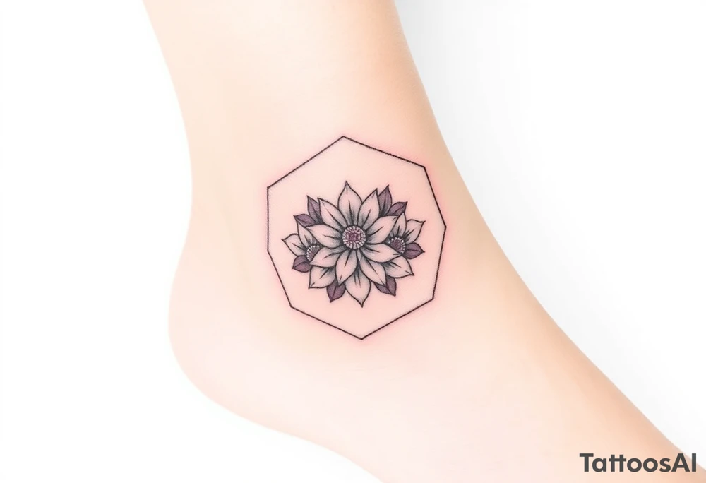 Faint Hexagon with Leo, larkspur and water lilies in the center tattoo idea