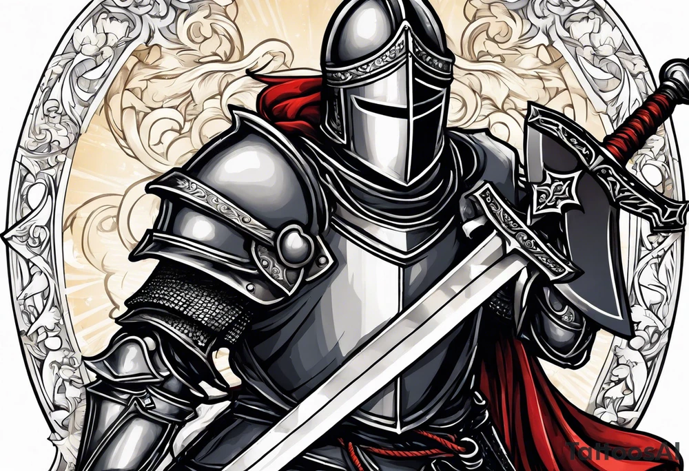 a knight pulling a sword out of an open bible tattoo idea