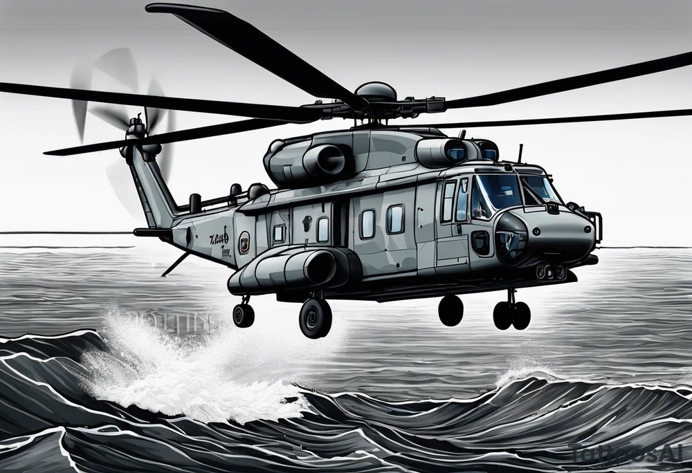 canadian military grey helicopter cyclone CH-148, a helicopter flying over rough water, Clear sky, sunset
, military art, ocean specular, highly detailed background, tattoo idea