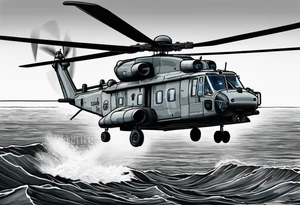 canadian military grey helicopter cyclone CH-148, a helicopter flying over rough water, Clear sky, sunset
, military art, ocean specular, highly detailed background, tattoo idea