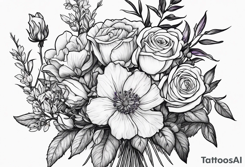 line drawing of a bouquet with a violet, a rose, a larkspur and an aster tattoo idea