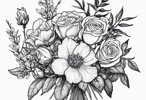 line drawing of a bouquet with a violet, a rose, a larkspur and an aster tattoo idea