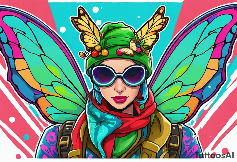 Christmas color camouflage clothes on the fortnite character jolly jammer, wrapped in majestic butterfly wings with a greenish blue glow,all on a pond with the fortnite zero point below it, tattoo idea