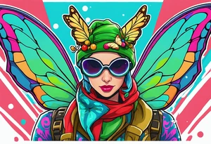 Christmas color camouflage clothes on the fortnite character jolly jammer, wrapped in majestic butterfly wings with a greenish blue glow,all on a pond with the fortnite zero point below it, tattoo idea