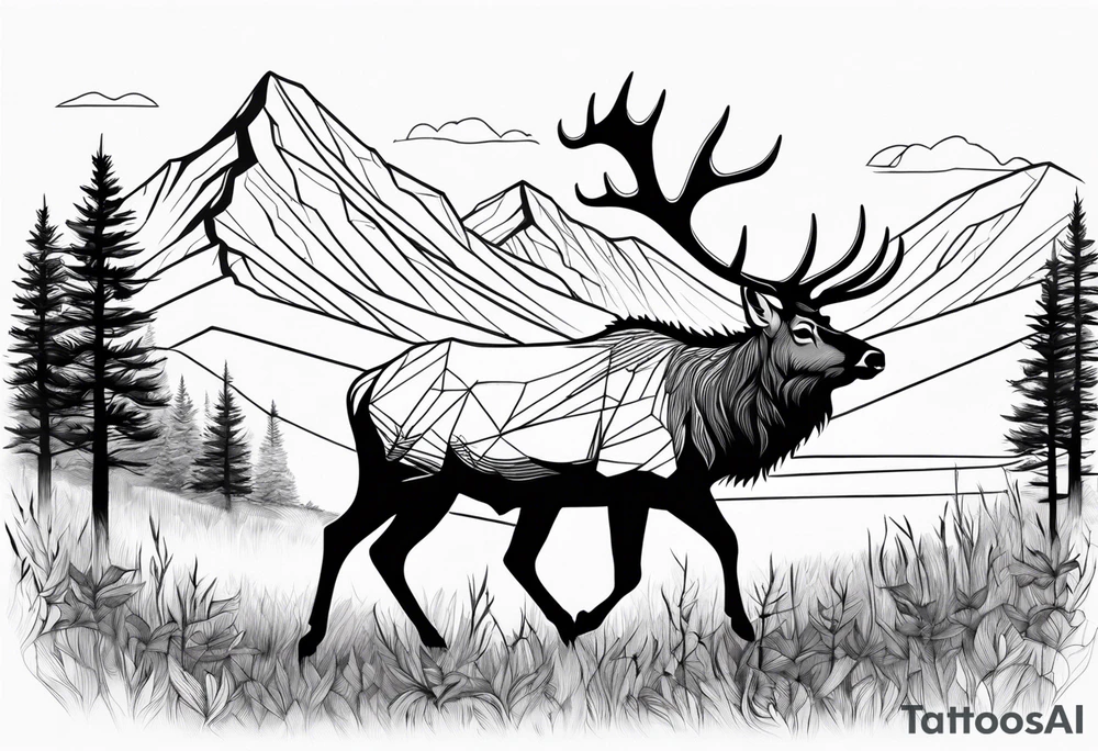 adult elk in a field with mountains in the background tattoo idea