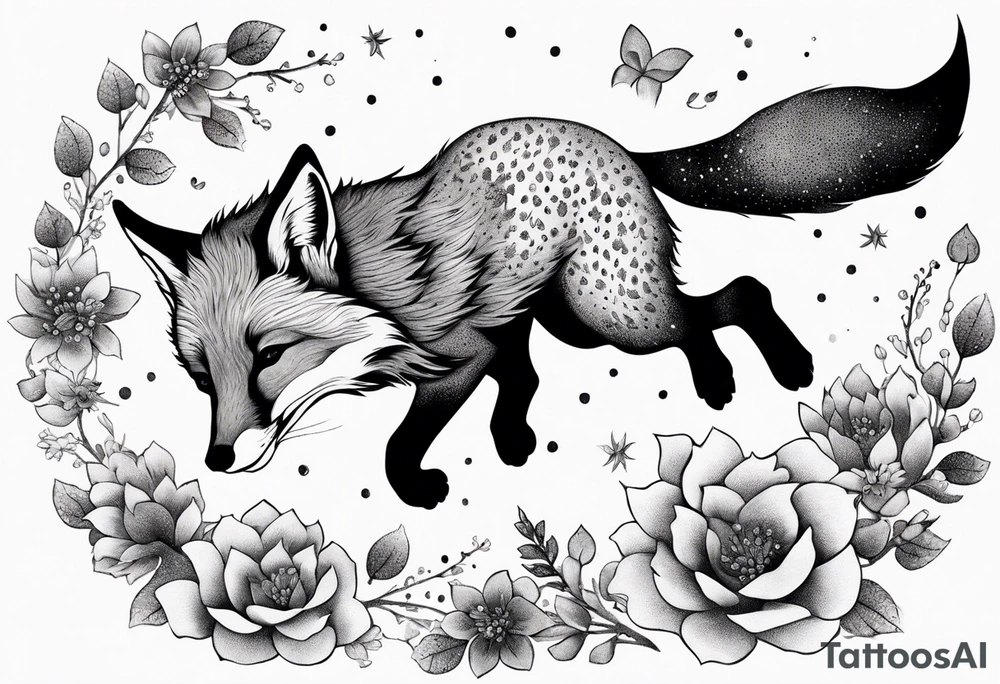 fox falling in the air suraounded by flowers growing out of her back tattoo idea